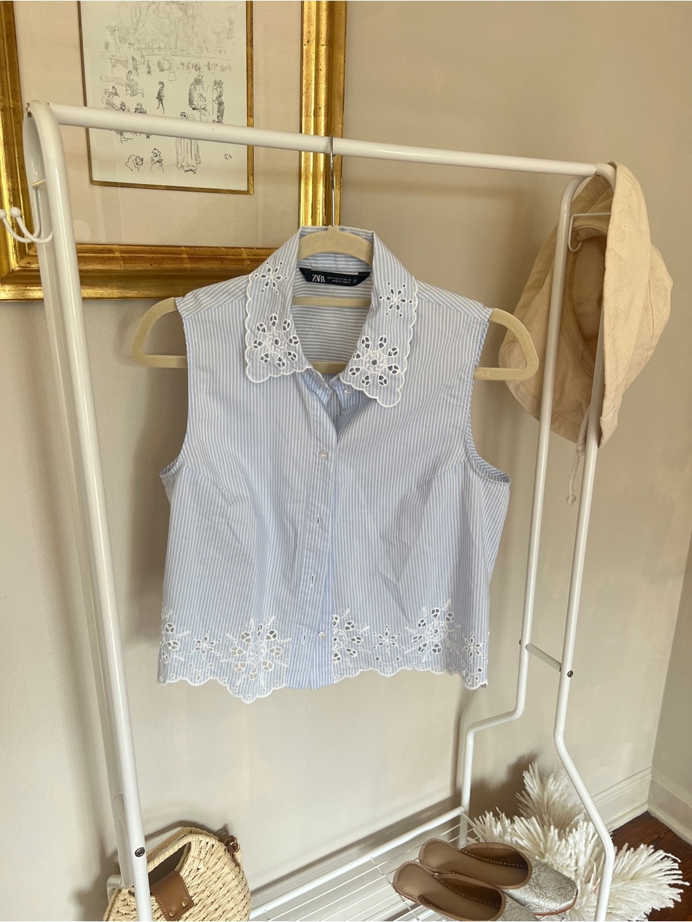Zara Blue & White Striped Sleeveless Eyelet Collar Top